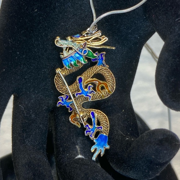 Antique CHINESE DRAGON Gold Gilt 925 Sterling Silver Cloisonné Brooch/Pendant. - Picture 12 of 15